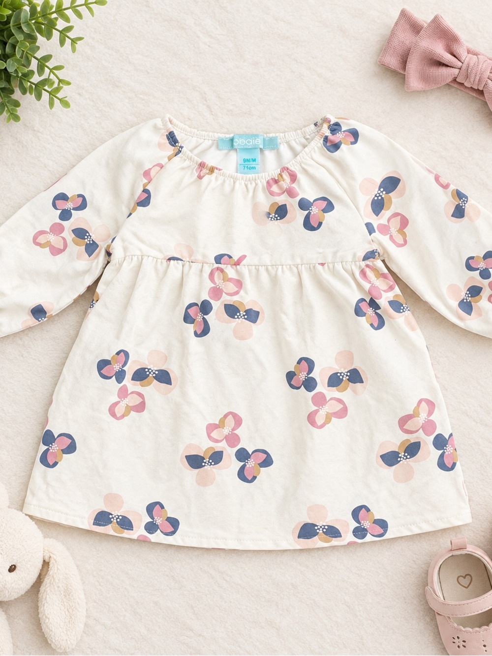 NWT Obaïbi France Baby Girl Floral Geometric Long Sleeve Dress White Size 9 Mos